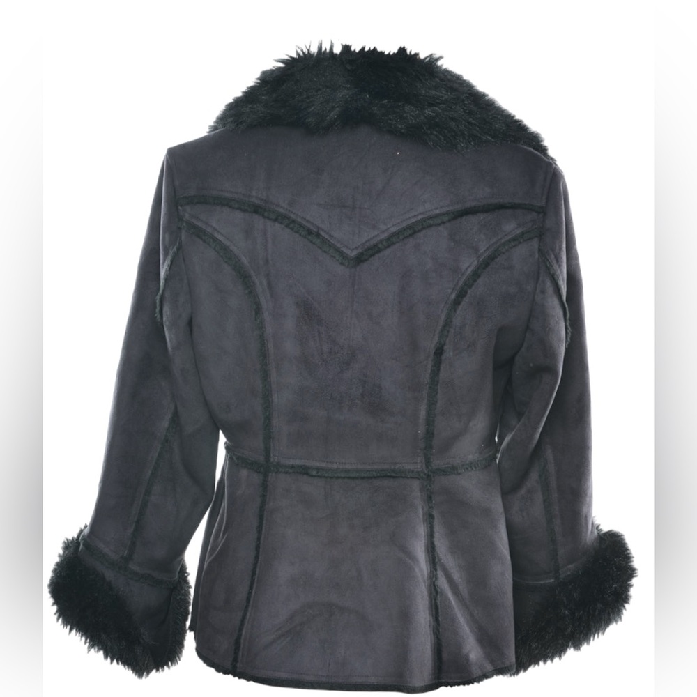 VINTAGE | L Faux Mink Faux Suede Super soft V-Neck Fall Winter Cozy Black Jacket - Picture 3 of 12